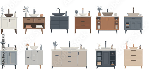 Tableau sur toile Bathroom Vanity Cabinet Collection Vector Set, Modern Sink Furniture and Interio