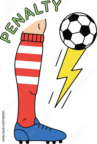 Quadro su tela Cartoon soccer penalty kick illustration with leg, ball and lightning on white b