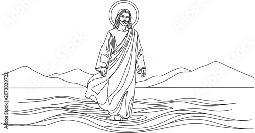Obraz na plátně Jesus Christ walking on water miracle biblical scene line art illustration for Christian faith religious design in black and white
