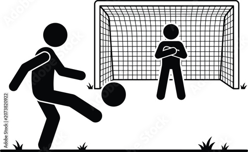 Quadro su tela Stick Figure Soccer Penalty Kick Illustration with Goalkeeper and Goal on White