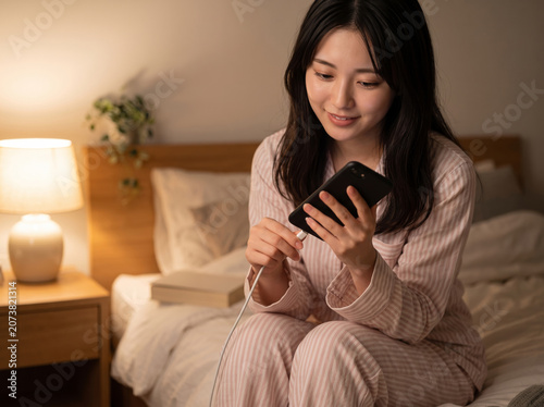 Obraz na płótnie ベッドに座りスマホの充電器を差し込む笑顔の女性