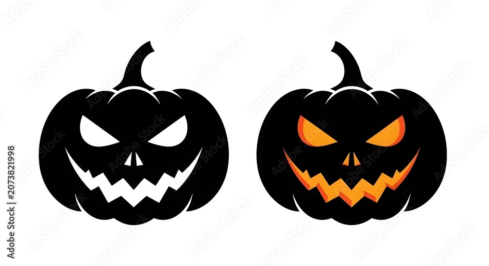 Obraz premium Set of two scary halloween pumpkin silhouettes with glowing eyes and mouth isolated on white background