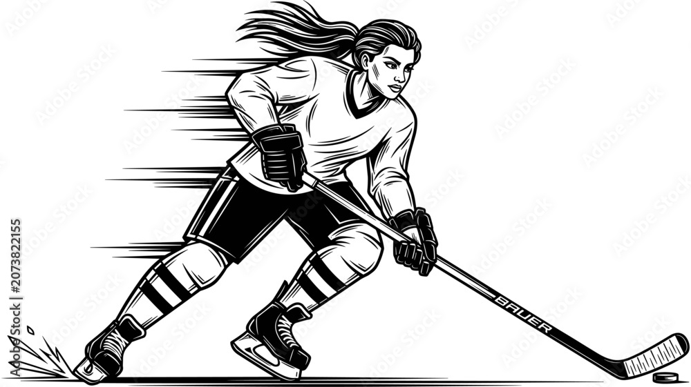 Fototapeta premium Female ice hockey player skating fast with puck, dynamic sports illustration, black and white vector art, athletic woman on ice. 