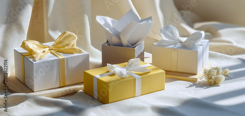 Elegant gift boxes with ribbons and bows arranged on a soft fabric surface under soft lighting