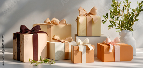 Elegant gift boxes with ribbons arranged stylishly under soft natural light for luxury presentation