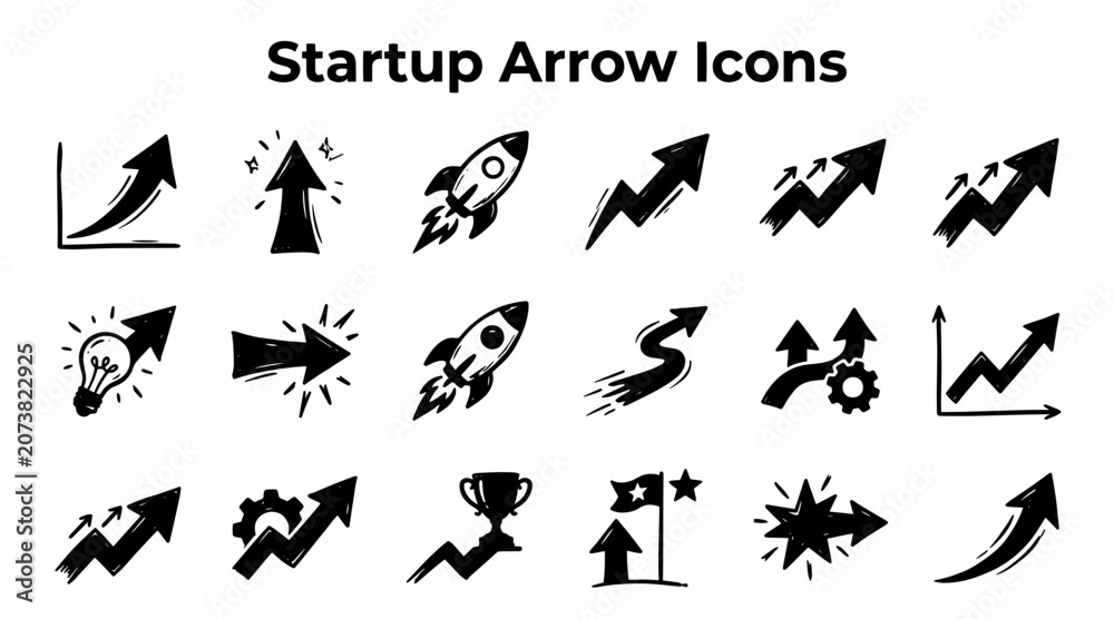 Fototapeta premium Collection of black and white icons representing startup growth, success, innovation, and progress.