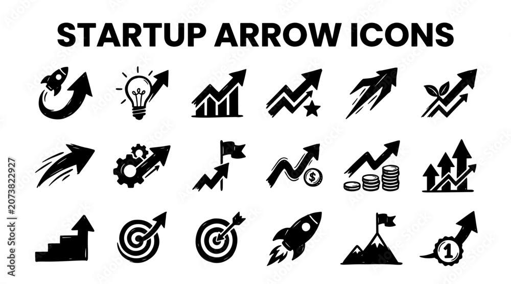 Fototapeta premium Collection of hand-drawn arrow icons representing startup growth, success, innovation, and business progress.