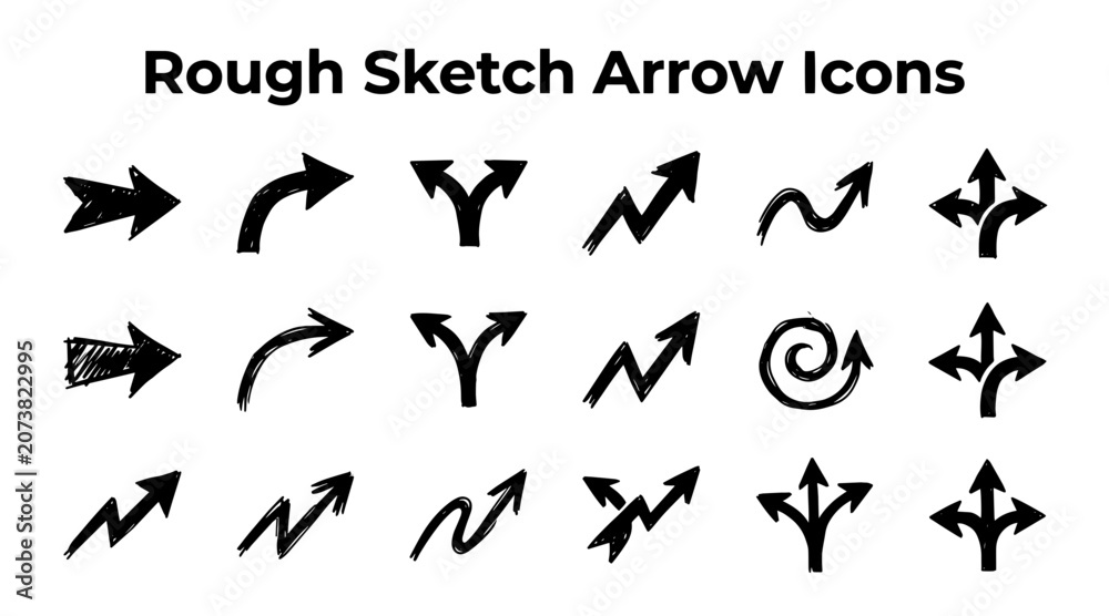 Fototapeta premium A set of hand-drawn arrow icons in various styles, pointing in different directions on a white background.