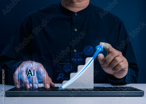 AI-driven business growth concept featuring artificial intelligence analytics, productivity improvement, revenue growth and ROI optimization. Enterprise AI strategy and digital transformation success.