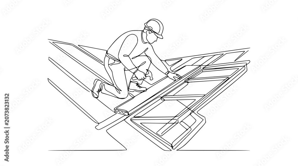Obraz premium Construction worker installing roof tiles on a building under construction, one line drawing