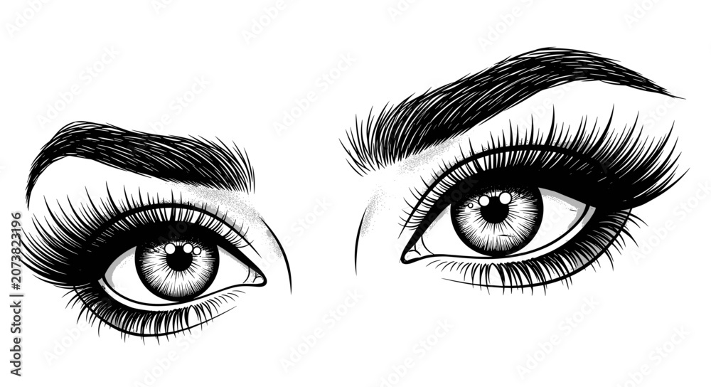 Fototapeta premium Beautiful female eyes with long thick eyelashes and shaped eyebrows, cosmetic beauty salon logo, professional lash extension illustration, fashion makeup. 