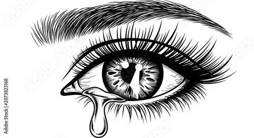 Tableau sur toile Crying female eye with single tear, long thick eyelashes and eyebrow illustration, emotional sadness art, black and white vector sketch