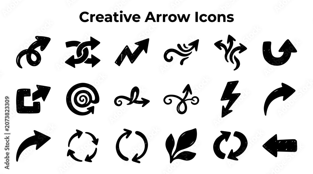 Fototapeta premium A collection of diverse, hand-drawn arrow icons representing various directions, movements, and concepts.
