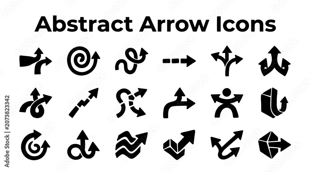 Fototapeta premium Collection of various abstract arrow icons representing different directions, choices, and movements.
