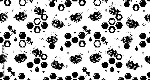 Foto Kawaii bee seamless pattern with honeycomb and flying cartoon bees vector backgr