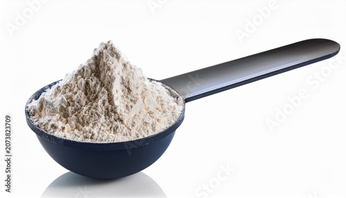 Closeup Of Whey Protein Powder In A Measuring Spoon Isolted On A White Background