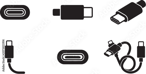 Minimalist USB Type-C connector and cable icon set for tech design