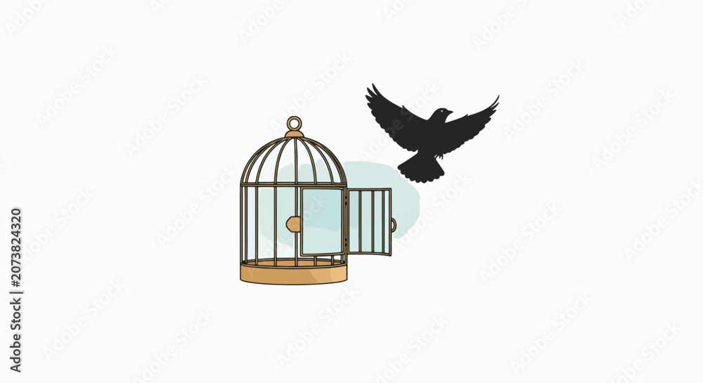 Fototapeta premium Bird flies out of open birdcage achieving freedom outdoors.