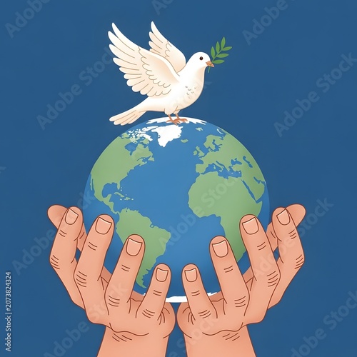 Hands holding planet earth with dove carrying olive branch illustration International Peace Day