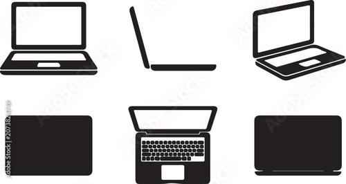 Set of Modern Laptop Silhouettes in Various Perspectives and Views
