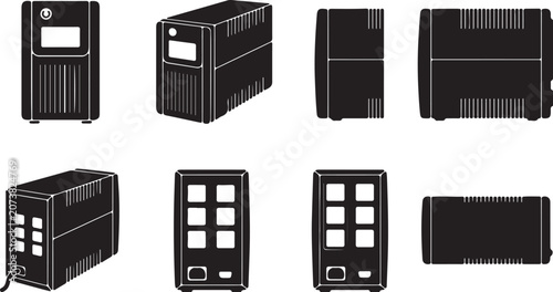 Set of UPS Battery Backup Power Supply Icons in Flat Vector Style