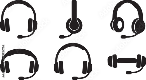 Minimalist Communication Headset and Microphone Silhouette Icon Set