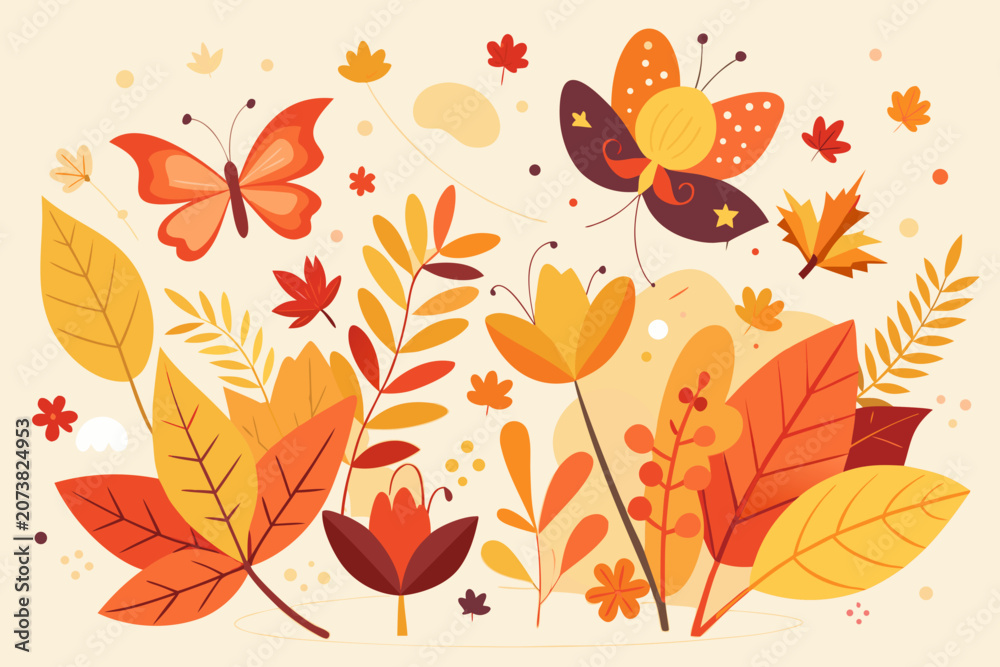 Fototapeta premium Vibrant autumn leaves and butterflies in a whimsical vector illustration with warm orange, yellow, and red hues, featuring delicate flowers and floating petals.
