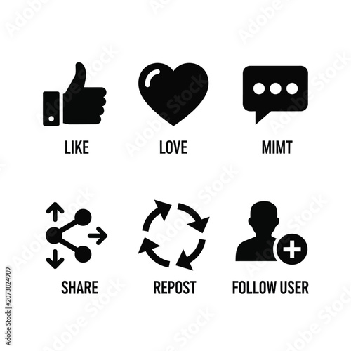 Social media icons with silhouette style symbols for like, love, comment, share, repost and follow silhouette icon like love comment