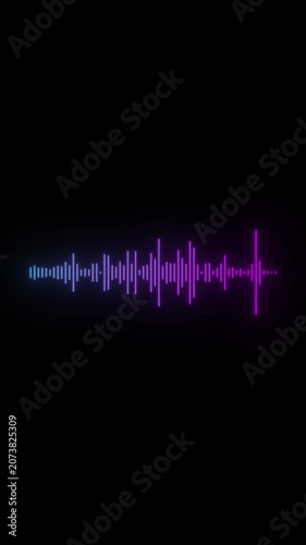 Simple animation of audio sound wave, voice spectrum, colorful bright multicolored lines waveform on black background. Vertical video