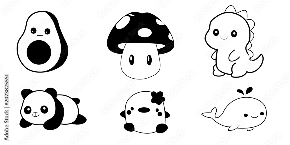 Fototapeta premium Kawaii black and white animal and food stickers
