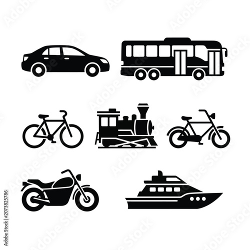 Schilderij op canvas Silhouette icons of various vehicles on land and sea silhouette vehicle transpor