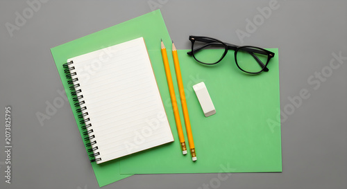 Stationery flatlay with notebook pencils glasses and eraser on a gray background
