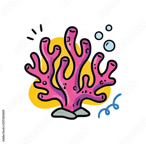 vibrant pink coral with yellow backdrop and blue bubbles in a whimsical underwater scene