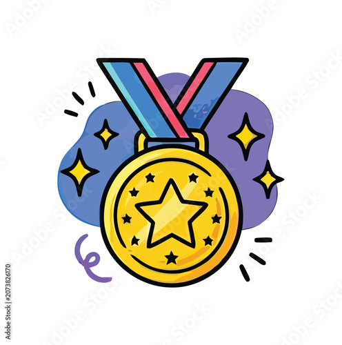 A golden medal with a star and ribbon symbolizes achievement and victory while stars sparkle around