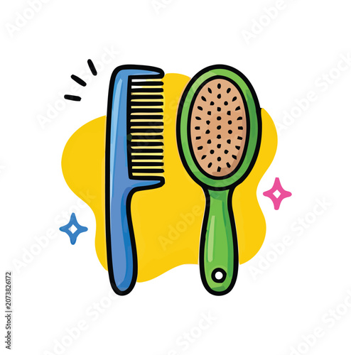 A blue comb and a green hairbrush stand against a bright yellow background while sparkles suggest cleanliness and style