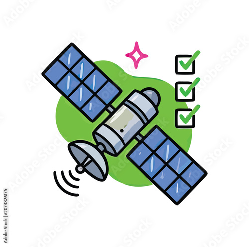 A satellite orbits Earth with solar panels receiving energy and checkmarks for successful mission completion