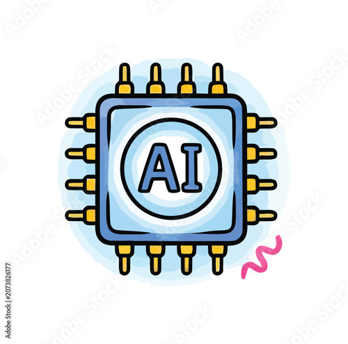 A cartoon AI chip with electrical components and circuit board connections representing technology and innovation