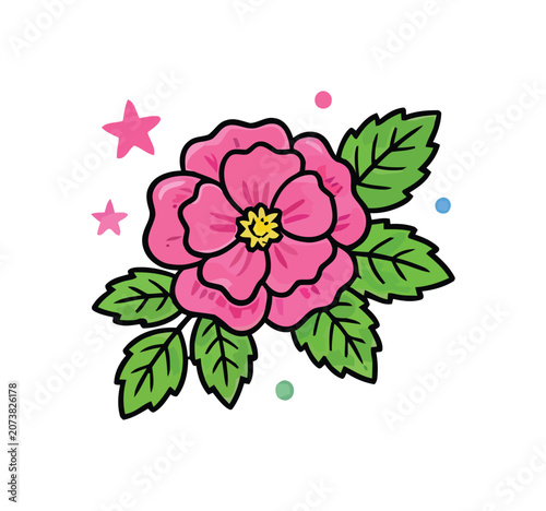 Pink flower with green leaves and stars on a white background with a cheerful mood