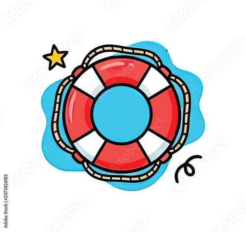 Red and white life preserver with rope floating on blue water while a yellow star floats nearby