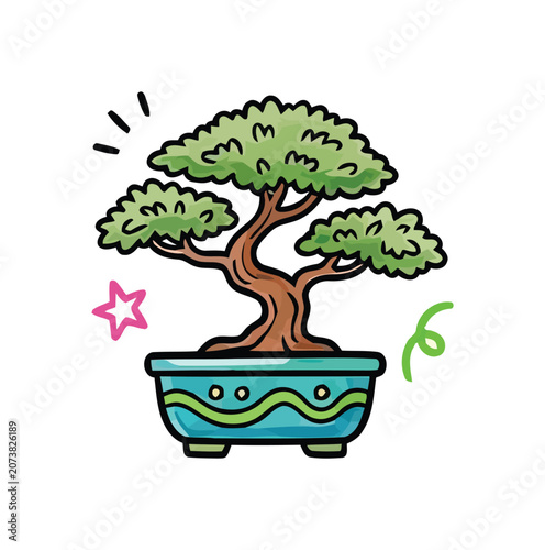 A cute stylized bonsai tree in a decorative pot with whimsical decorative elements