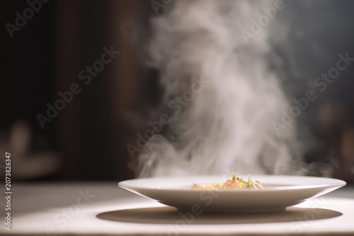 Steaming plate of gourmet food with aromatic steam rising, set on a white table against a blurred dark background