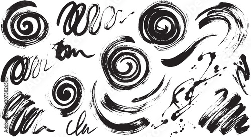 Fotografie Abstract charcoal swirl and spiral brush strokes set for creative artistic backg