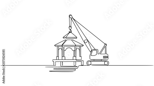 Tableau sur toile Construction crane lifting temple pavilion structure in minimalist line art styl