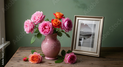 Pink and orange roses in a vase with a framed photograph on a wooden table