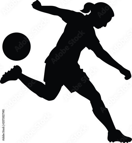 Female Soccer Player Silhouette Kicking Football Vector Illustration Isolated on White Background