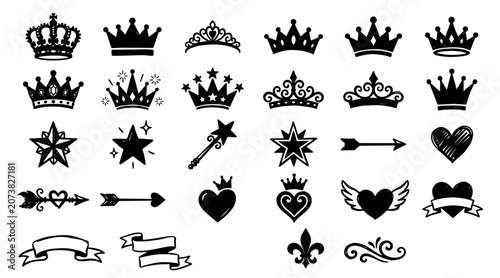 A collection of hand-drawn royal doodle elements including crowns, tiaras, stars, hearts, and ribbons.
