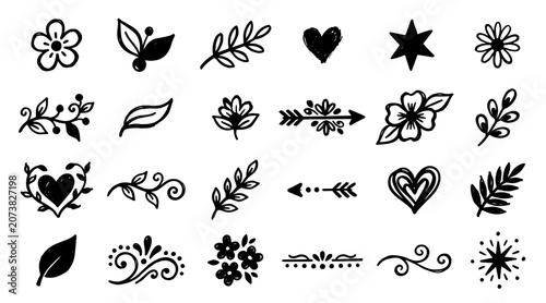 A collection of hand-drawn floral doodle elements, hearts, leaves, and decorative accents in a marker style.
