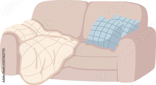 Cute Cozy Sofa Illustration, Cartoon Pastel Couch with Plaid Pillows and Blanket, Minimalist Living Room Furniture Isolated for Home Decor and Comfort Design