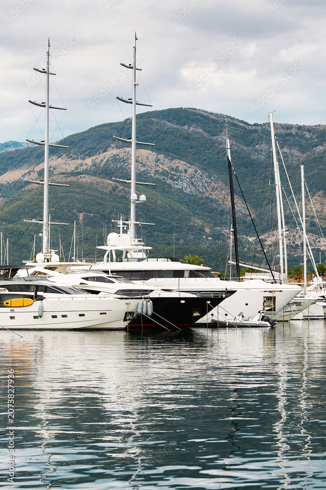 Fototapeta premium Marina with yachts and hilly landscape.