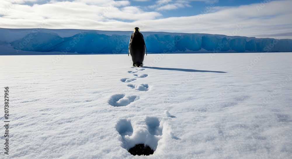 Fototapeta premium Snowshoeing Adventure in Winter Mountain Landscape with Footprints and Cloudy Sky